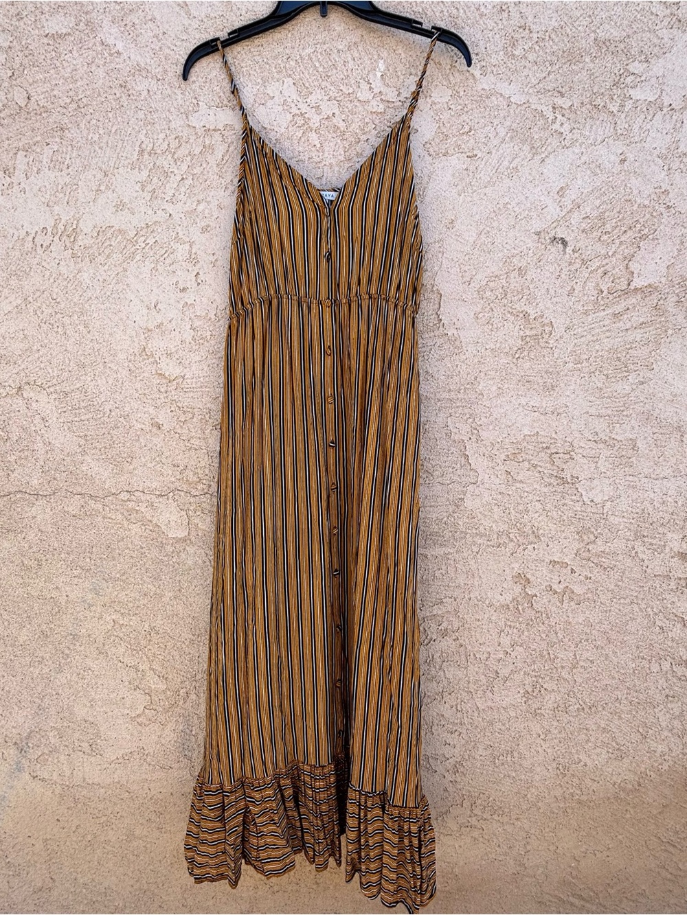 Papaya Mustard Yellow And Black Vertical Striped Maxi Dress M Full Button Down